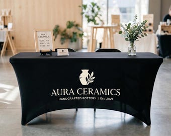 Custom Logo Tablecloth, Branded Stretch Spandex Table Cover for Vendor Booth, Trade Show Display, Fitted Tablecloth 4ft 6ft 8ft