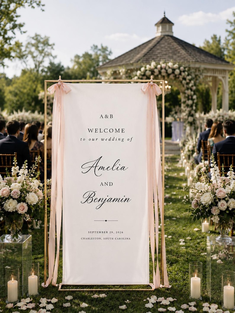 May include: A rectangular white wedding welcome sign held by a gold metal frame, decorated with light pink ribbons at the top corners. The text reads: A & B, WELCOME to our wedding of, Amelia AND Benjamin, SEPTEMBER 29, 2026, CHARLESTON, SOUTH CAROLINA.