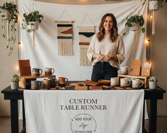 Custom Table Runner with Logo | Personalized Business Table Banner for Trade Show, Market Booth, or Pop Up Shop Display Decor