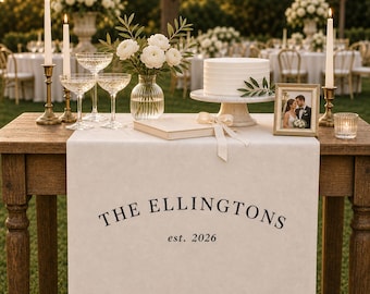 Custom Linen Wedding Table Runner, Personalized Last Name Banner for Sweetheart Table, Elegant Reception Fabric Sign Decor