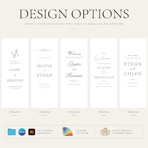 May include: Five vertical wedding welcome sign templates on a light background. Each sign features black text with names, dates, and locations. The top text reads DESIGN OPTIONS and NEED A CUSTOM DESIGN? FEEL FREE TO MESSAGE ME ANYTIME. Icons for Canva, Ai, colour palettes, and crests are at the bottom.