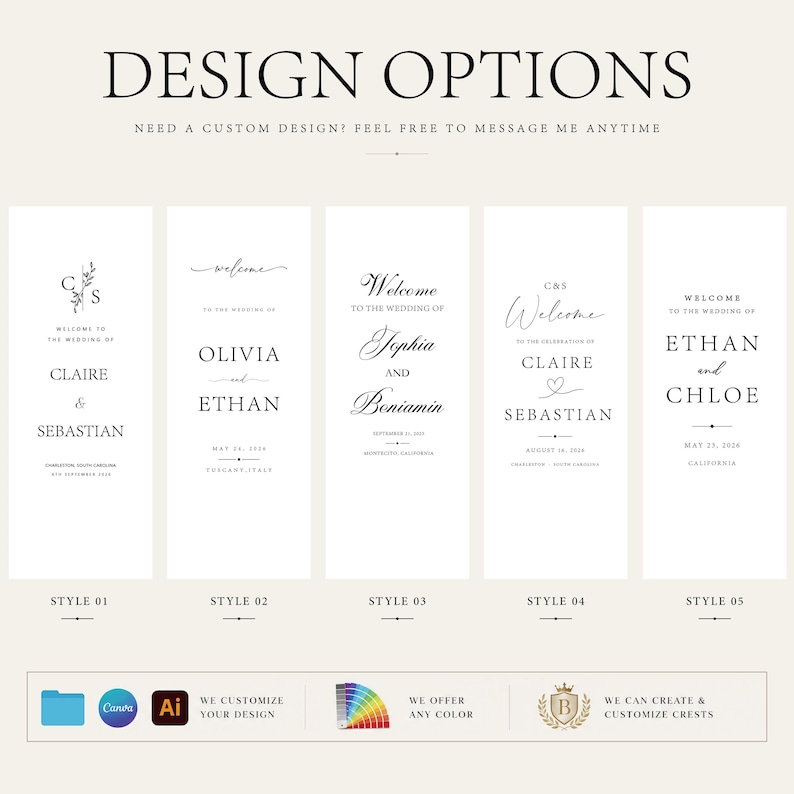 May include: Five vertical wedding welcome sign templates on a light background. Each sign features black text with names, dates, and locations. The top text reads DESIGN OPTIONS and NEED A CUSTOM DESIGN? FEEL FREE TO MESSAGE ME ANYTIME. Icons for Canva, Ai, colour palettes, and crests are at the bottom.