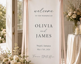 Personalized Linen Wedding Welcome Sign, Custom Fabric Wedding Banner with Wedding Date, Romantic Ceremony Sign for Engagement Party