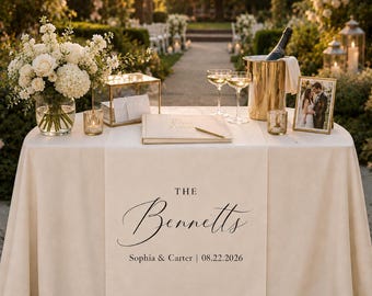 Custom Wedding Table Runner Linen, Personalized Family Name Banner, Last Name Sweetheart Table Decor, Elegant Reception Fabric Sign