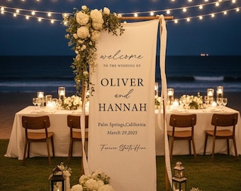 Personalized Linen Wedding Banner | Custom Fabric Welcome Sign for Ceremony & Reception | Rustic Boho Modern Wedding Décor