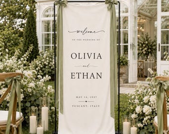 Personalized Linen Wedding Banner, Custom Fabric Welcome Sign, Modern Wedding Ceremony Decor, Elegant Reception Entrance Sign, Name Date