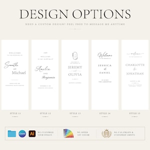 May include: A digital display showing five wedding welcome sign design options labelled Style 11 through 15. Each vertical white template features black typography with names like Samantha and Michael, Amelia and Benjamin, Jeremy and Olivia, Jessica and Daniel, and Charlotte and Jonathan. The bottom section includes icons for file formats, colour customisation, and crest design services.