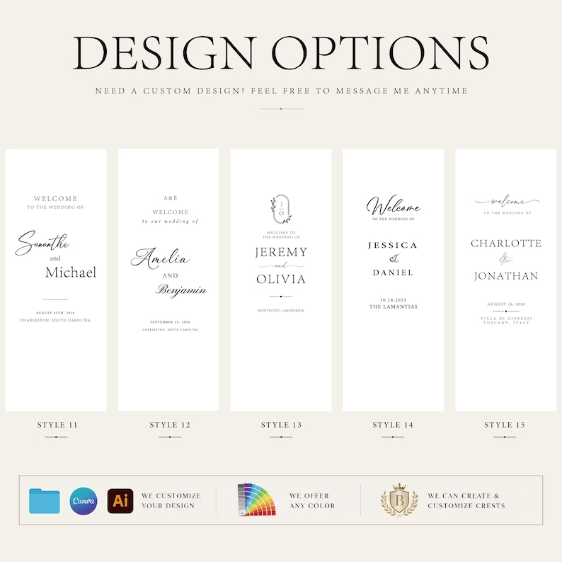May include: A digital display showing five wedding welcome sign design options labelled Style 11 through 15. Each vertical white template features black typography with names like Samantha and Michael, Amelia and Benjamin, Jeremy and Olivia, Jessica and Daniel, and Charlotte and Jonathan. The bottom section includes icons for file formats, colour customisation, and crest design services.