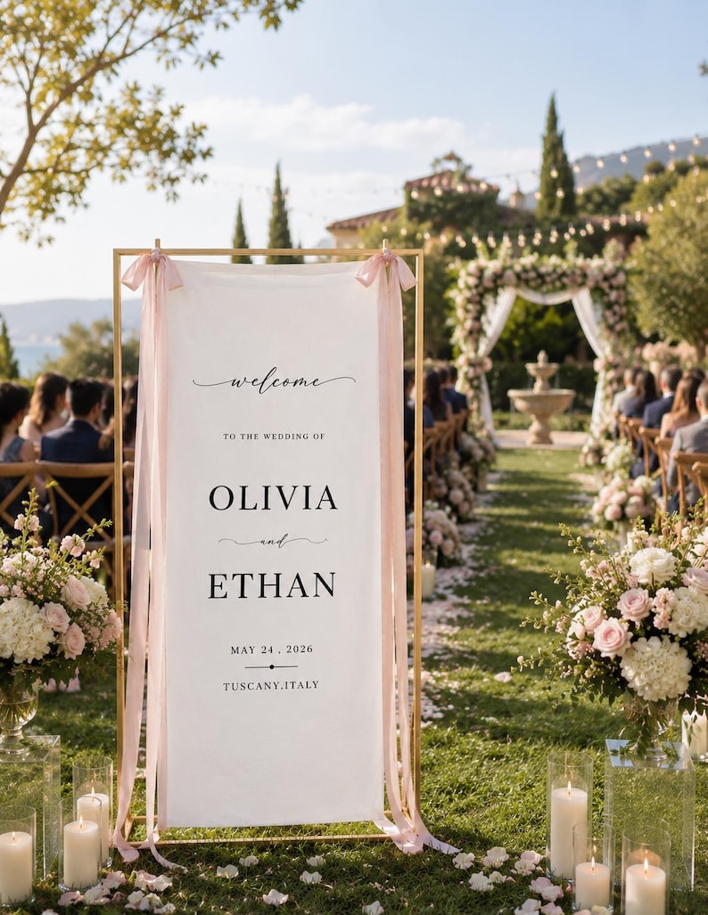 May include: A tall, rectangular gold metal frame holding a white fabric banner with pink ribbon accents. The text reads: welcome TO THE WEDDING OF OLIVIA and ETHAN MAY 24 . 2026 TUSCANY.ITALY. The banner is displayed vertically in an outdoor setting.