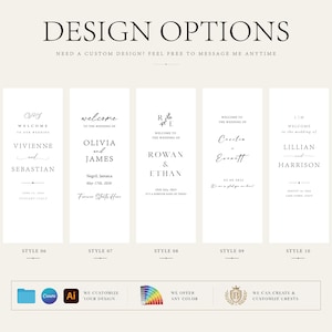 May include: A digital display showing five vertical wedding welcome sign design options labelled Style 06 through Style 10. Each white rectangular template features black typography with names, dates, and locations. The bottom includes icons for file formats, colour customisation, and crest design services.