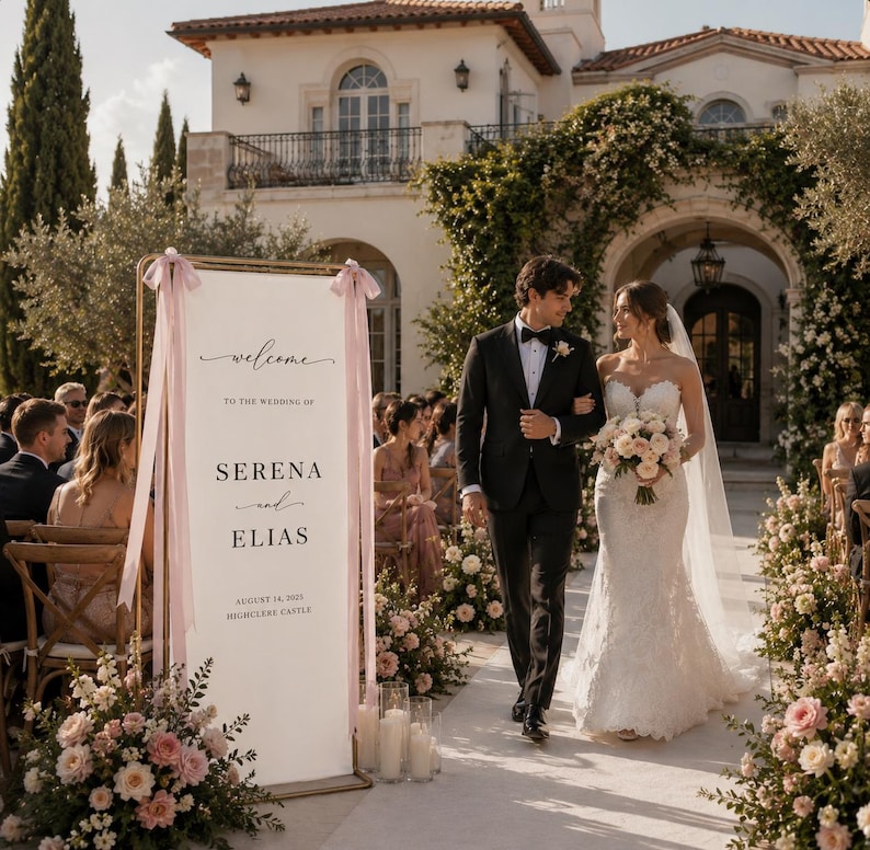 May include: A tall rectangular wedding welcome sign with a gold frame and pink ribbons, displaying the text Welcome to the wedding of Serena and Elias, August 14, 2025, Highclere Castle, positioned next to a couple walking down an aisle.