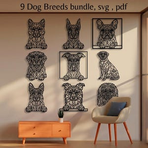 May include: Nine black metal dog breed cutouts, including a German Shepherd, Doberman, and French Bulldog, are displayed on a wall. The text "9 Dog Breeds bundle, svg, pdf" is at the top. A wooden cabinet and chair are in the foreground.