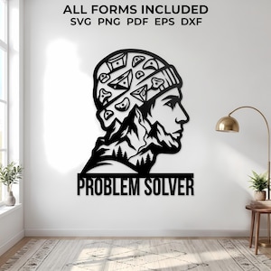 May include: A black wall art cutout featuring a profile of a person wearing a beanie decorated with climbing holds, with a mountain and forest silhouette below, and the text "ALL FORMS INCLUDED SVG PNG PDF EPS DXF" and "PROBLEM SOLVER".