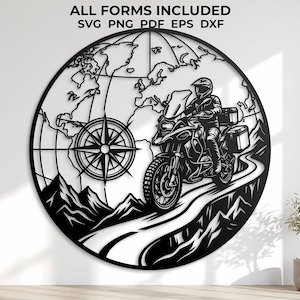 Adventure Rider SVG, Motorcycle World Map Compass Laser Cut File, ADV Biker Mountain Wall Art, Explorer Gift Sign, DXF Metal Decor