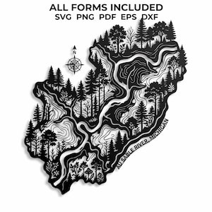 May include: A black silhouette graphic of the Au Sable River in Michigan, featuring detailed forest landscapes, pine trees, and a compass rose. The text reads ALL FORMS INCLUDED SVG PNG PDF EPS DXF and AU SABLE RIVER, MICHIGAN.