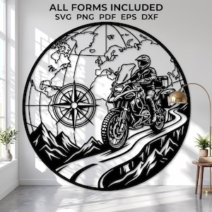 May include: A circular black wall art piece featuring a world map, a compass rose, and a motorcycle rider on a winding road through mountains. The text at the top reads ALL FORMS INCLUDED SVG PNG PDF EPS DXF. The design is a flat, solid black silhouette.