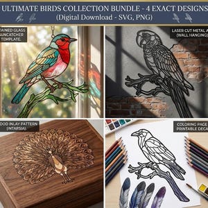 May include: A digital download bundle titled Ultimate Birds Collection Bundle featuring four bird designs: a stained glass suncatcher template of a colourful bird, a laser cut metal parrot wall hanging, a peacock wood inlay pattern, and a bird colouring page.