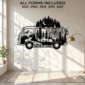 May include: A black wall art cutout of a camper van featuring a forest, mountains, a compass, a bicycle, and a campfire. The text reads ALL FORMS INCLUDED SVG PNG PDF EPS DXF and ADVENTURE. The design depicts a night scene with a crescent moon.
