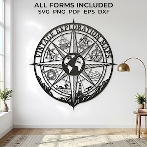 May include: A black circular wall art piece featuring a compass rose design with a central globe, surrounded by nautical icons including a ship, sextant, lighthouse, and sea creature. The text VINTAGE EXPLORATION MAPS is arched at the top.