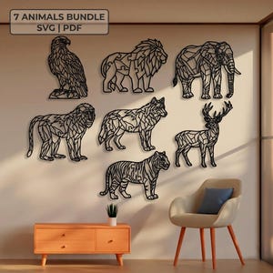 May include: A digital bundle of 7 animal wall art designs labeled 7 ANIMALS BUNDLE SVG | PDF. The black geometric silhouettes include an eagle, lion, elephant, monkey, wolf, deer, and tiger, each featuring intricate puzzle-like line patterns.
