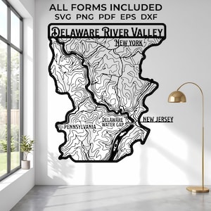 May include: A black wall art graphic of the Delaware River Valley map featuring topographic contour lines. Text includes ALL FORMS INCLUDED SVG PNG PDF EPS DXF, DELAWARE RIVER VALLEY, NEW YORK, PENNSYLVANIA, DELAWARE WATER GAP, and NEW JERSEY.