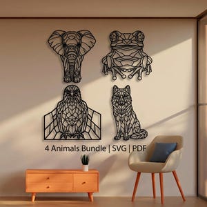 May include: A set of four black geometric animal wall art pieces featuring an elephant, a frog, an eagle, and a wolf. The text 4 Animals Bundle | SVG | PDF is printed below the designs. These black silhouettes display intricate line patterns.