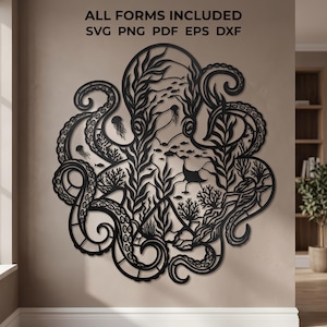Octopus Svg Laser Cut File Ocean Octopus Wall Art Kelp Forest Svg Cricut Glowforge Xtool Nautical Octopus Dxf Png Eps Instant Download