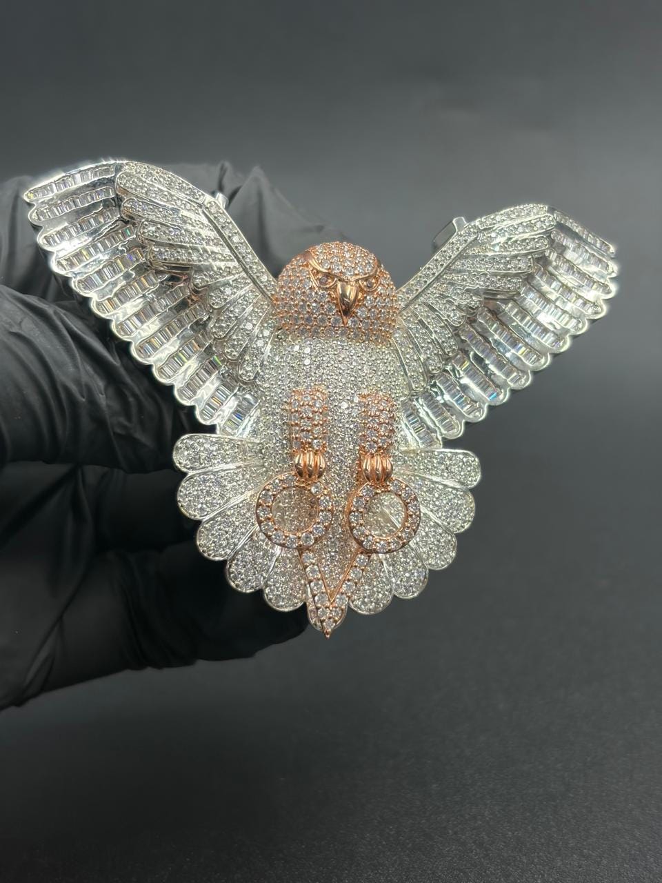 Iced Out Moissanite Owl Pendant: Two Tone 14K Gold Plated, Hip Hop Jewelry