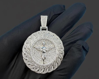 Round Cut Moissanite Angel Pendant 14K White Gold Plated Iced Round Halo Hip Hop