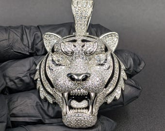 Iced Moissanite Tiger Head Pendant, 14K White Gold Plated Charm