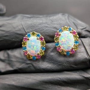 Opal Stud with Multicolor Halo, Oval Yellow Gold Finish Earrings, Colorful Gemstone Studs