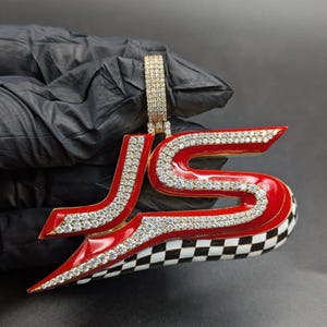 Iced Out JS Letter Moissanite Custom Initial Hip Hop Red Enamel Pendant Bling Jewelry