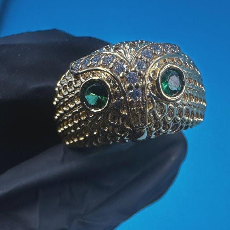 Emerald Owl Ring: Green Emerald, 14K Yellow Gold Finish, Sterling Silver