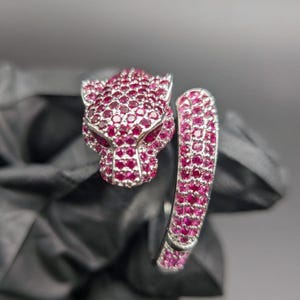 Pink Ruby Panther Leopard Head Statement Ring 14K White Gold Plated Luxury Ring