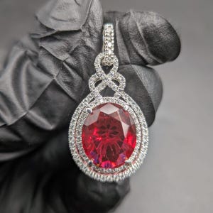 Ruby Red Oval Pendant Moissanite Halo White Gold Plated Vintage Style Gift for Her