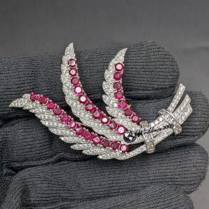 Feather Pink Ruby and Moissanite Wing Brooch Jewelry Luxury Lapel Pin, Statement Gift