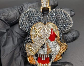 Colgante de moissanita con diseño de ratón de dibujos animados, estilo hip hop, chapado en oro de 14 quilates.