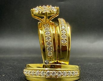 Yellow Gold Plated Wedding Round Cut Moissanite Bridal Set His and Her Matching Rings