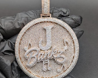 Custom Name Initial Iced Out Circle Medallion Moissanite Diamond Pendant, Hip Hop Jewelry