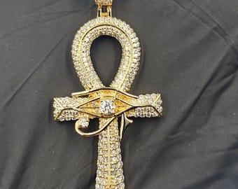 Iced Out Ankh Pendant, 14K Gold Plated, Moissanite Egyptian Cross