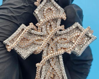 Moissanite Christian Jesus Cross Pendant: 14K Rose Gold Finish, Sterling Silver