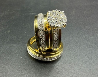 Luxury 3PCS Moissanite Bridal Ring Set 14K Yellow Gold Plated Round Cluster Engagement Band