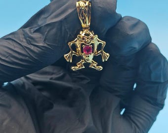Tasmanian Devil Pendant, Red Ruby, 14K Gold Plated Sterling Silver