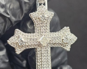 Moissanite Christian Cross Pendant: 14K White Gold Finish, Sterling Silver