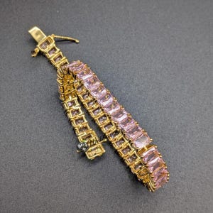 Pink Sapphire Emerald Cut Yellow Gold Plated Tennis Bracelet Luxury Statement Jewelry