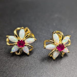 Yellow Gold Plated Flower Earrings | Opal, Ruby Center, Floral Design