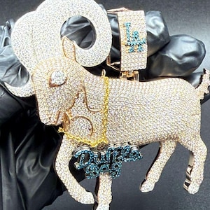 Goat Pendant Round Cut Real Moissanite Pendant 14K Yellow Gold Finish 925 Sterling Silver Custom Pendant, Hip-Hop Goat Pendant
