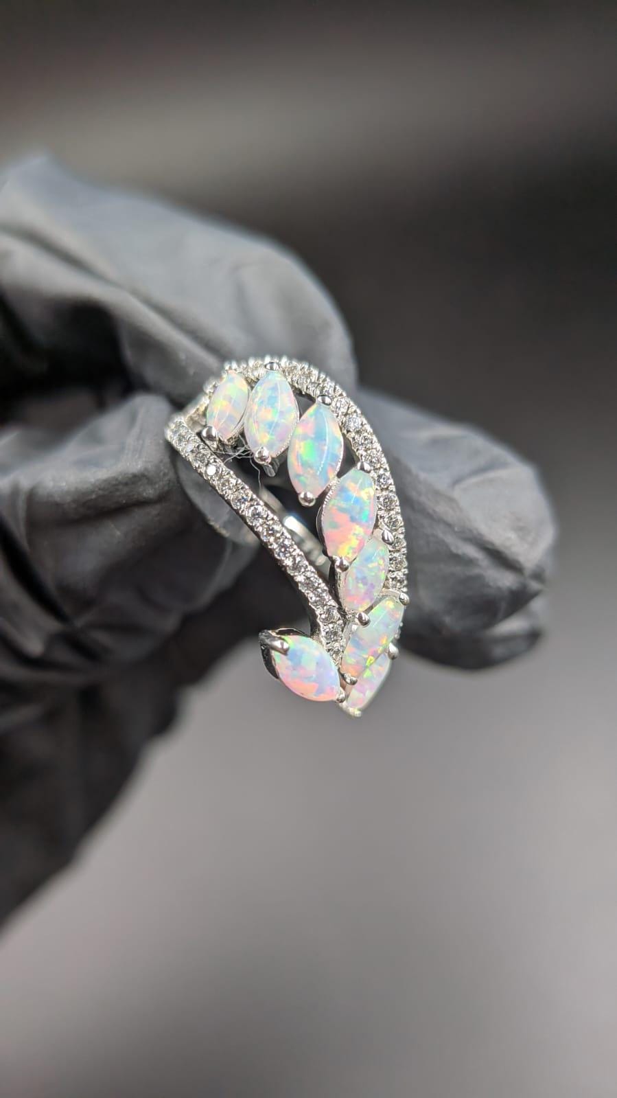 Marquise Opal Ring With Moissanite Silver Opal Leaf Inspired Band