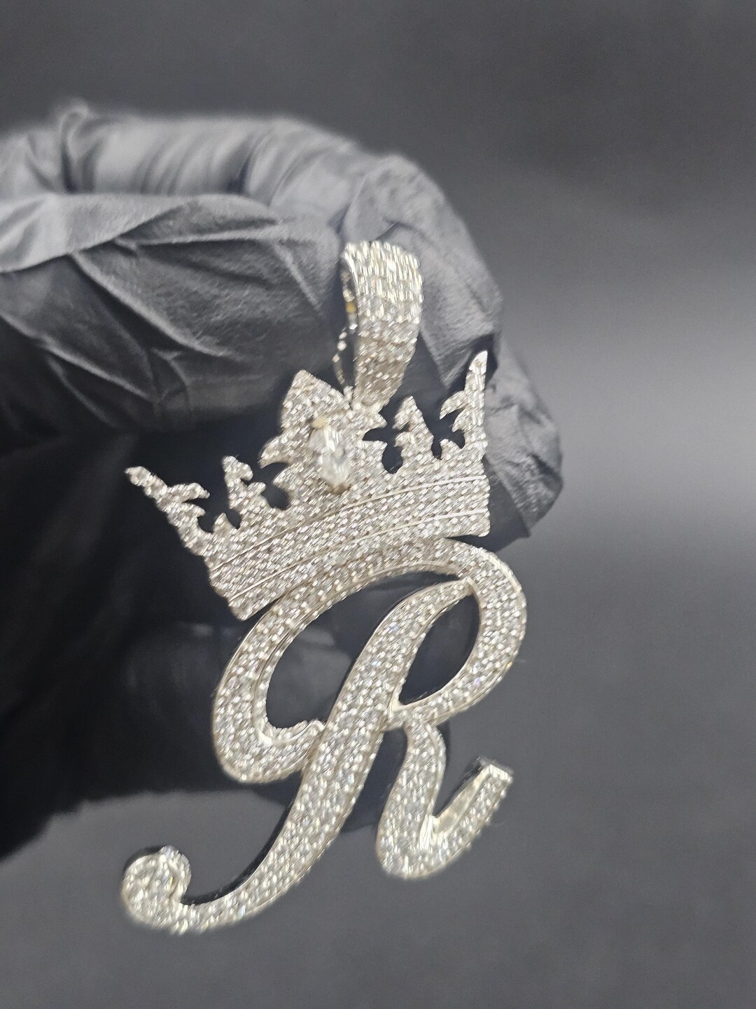 Moissanite Letter R Crown Pendant, 14K White Gold Finish, Iced Out ...