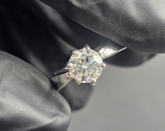 Round Cut Moissanite Solitaire Brilliant 6 Prong Engagement 14K White Gold Finish Handmade Ring